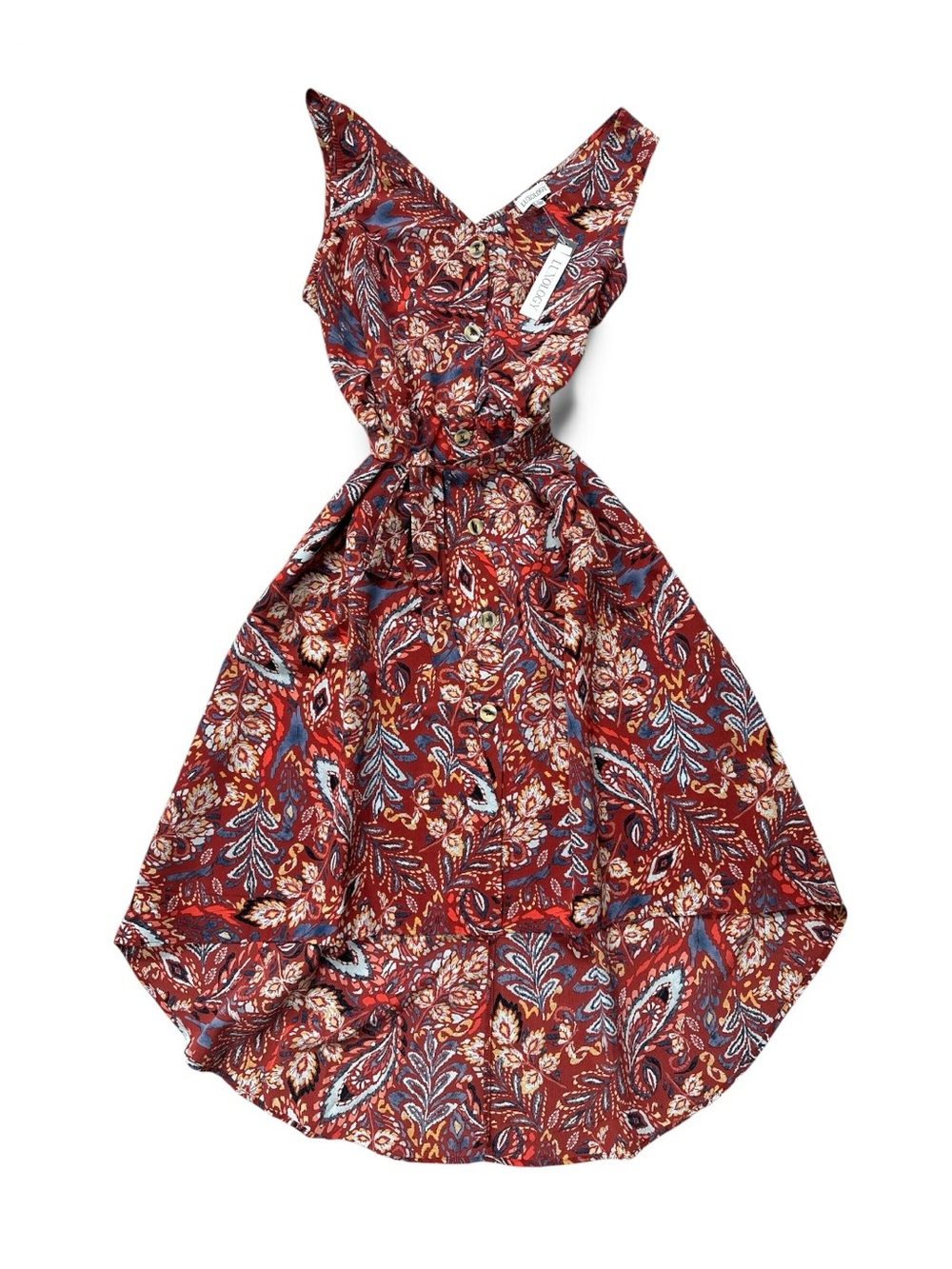 Luxology Burgundy Paisley High-Low V-Neck Dress